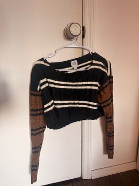 BDG Cropped Striped Crewneck Sweater in Black, White & Brown
